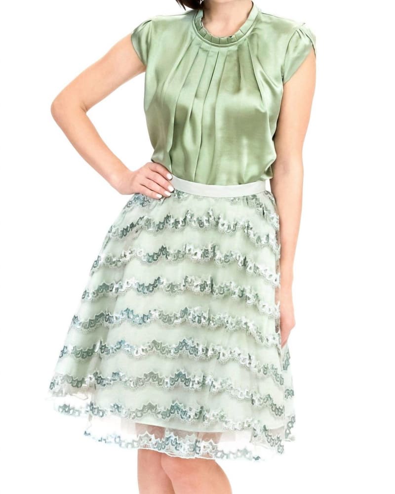 Front of a model wearing a size 10 Relis Skirt In Mint in Mint by EVA FRANCO. | dia_product_style_image_id:359059